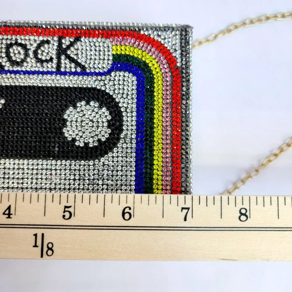 80s Rock Cassette Tape Rhinestone Box Clutch Bag  Crystal Minaudiere Retro